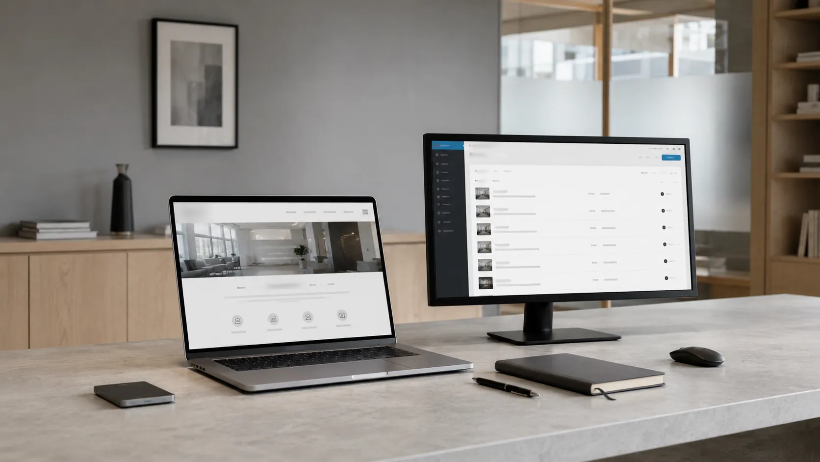 Small-business website and content management system displayed at a professional workstation.