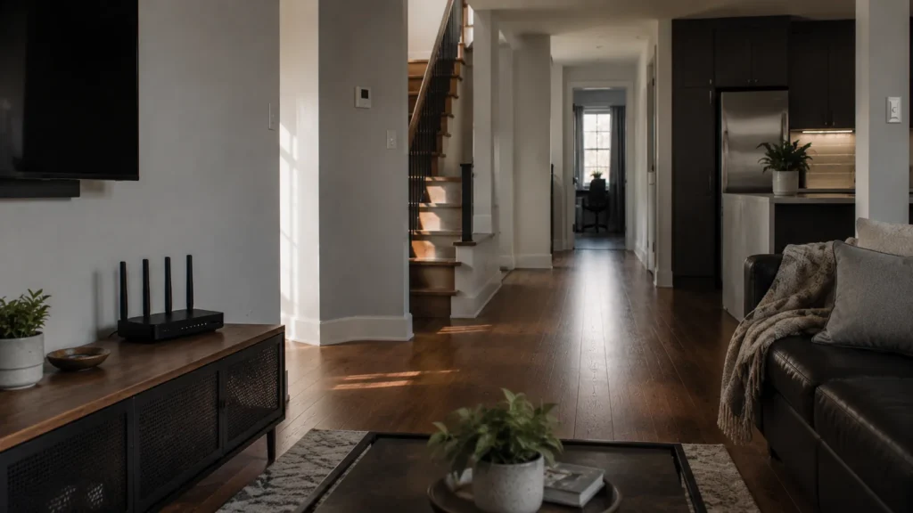 Wi-Fi router separated from another room by walls, stairs, and household structures.

