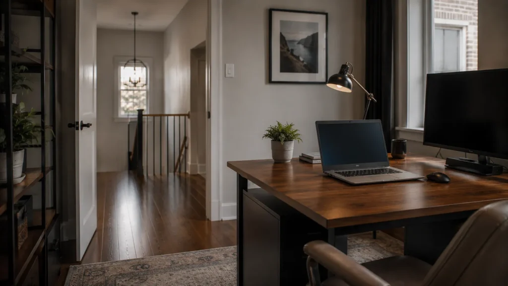 Upper-floor home office located away from the main living area.
