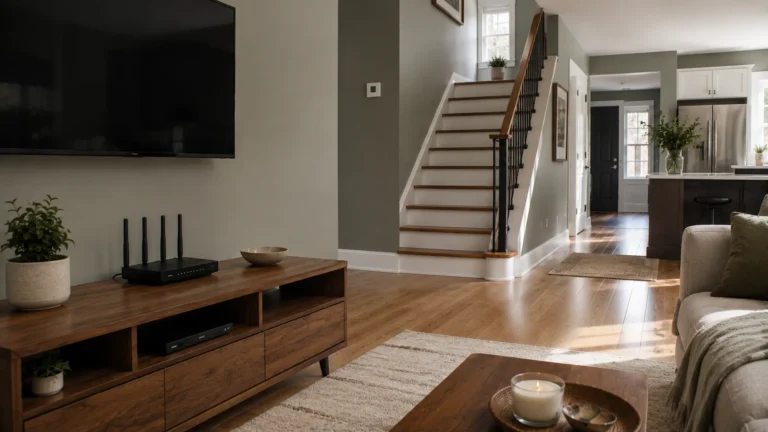 Wi-Fi router positioned on an open console near the centre of a multi-storey home.