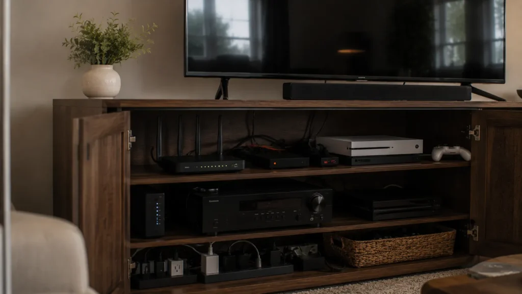 Wi-Fi router placed inside a crowded cabinet beside home electronics.
