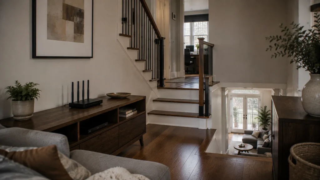 Wi-Fi router positioned near a staircase on the main floor of a multi-storey home.
