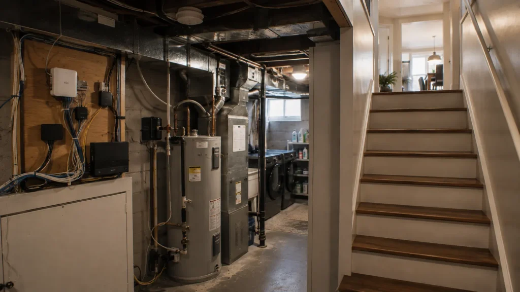 Internet equipment installed in a basement utility area below the main living floors.
