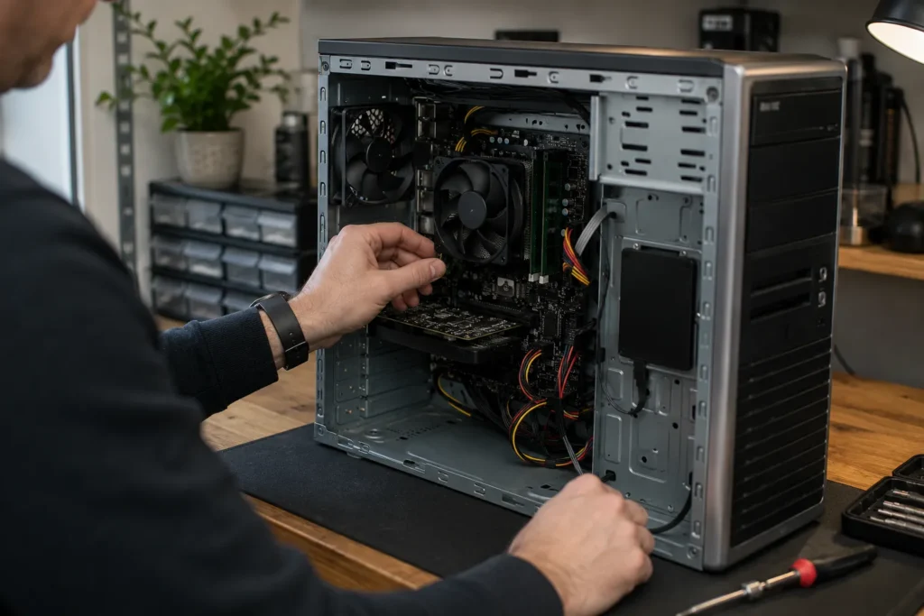 Older desktop computer opened for inspection and possible hardware upgrade.
