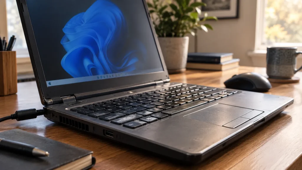 Older laptop showing moderate wear around the keyboard and hinge.

