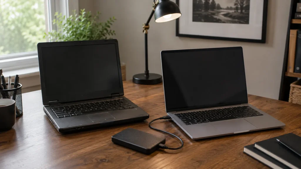 Older and newer laptops positioned together during a planned computer migration.
