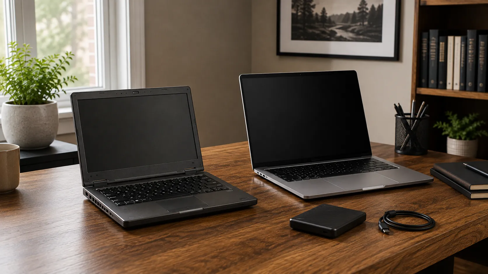 Older and newer laptops positioned together during preparation for a computer migration.