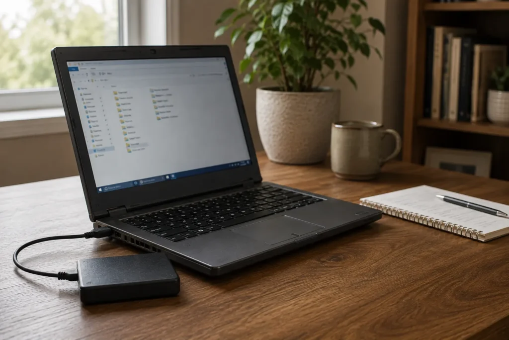 Older laptop connected to an external drive before moving to a new computer.
