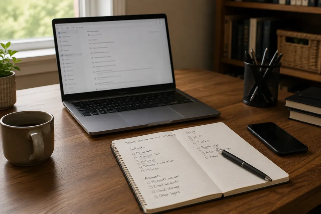 Laptop, smartphone, and notebook used to review account and software details before setup.
