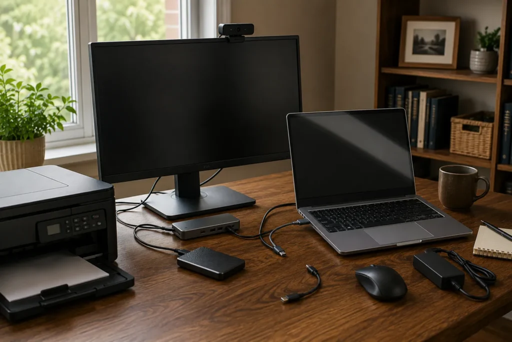 New laptop positioned with a monitor, printer, dock, and other home-office peripherals.
