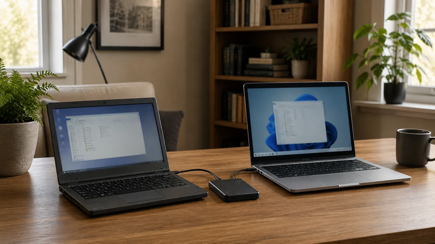 Older and newer Windows laptops positioned together during a computer migration.