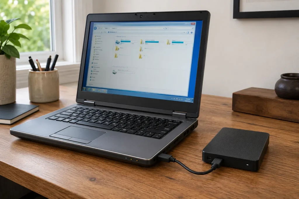 Older laptop connected to an external drive before transferring files.
