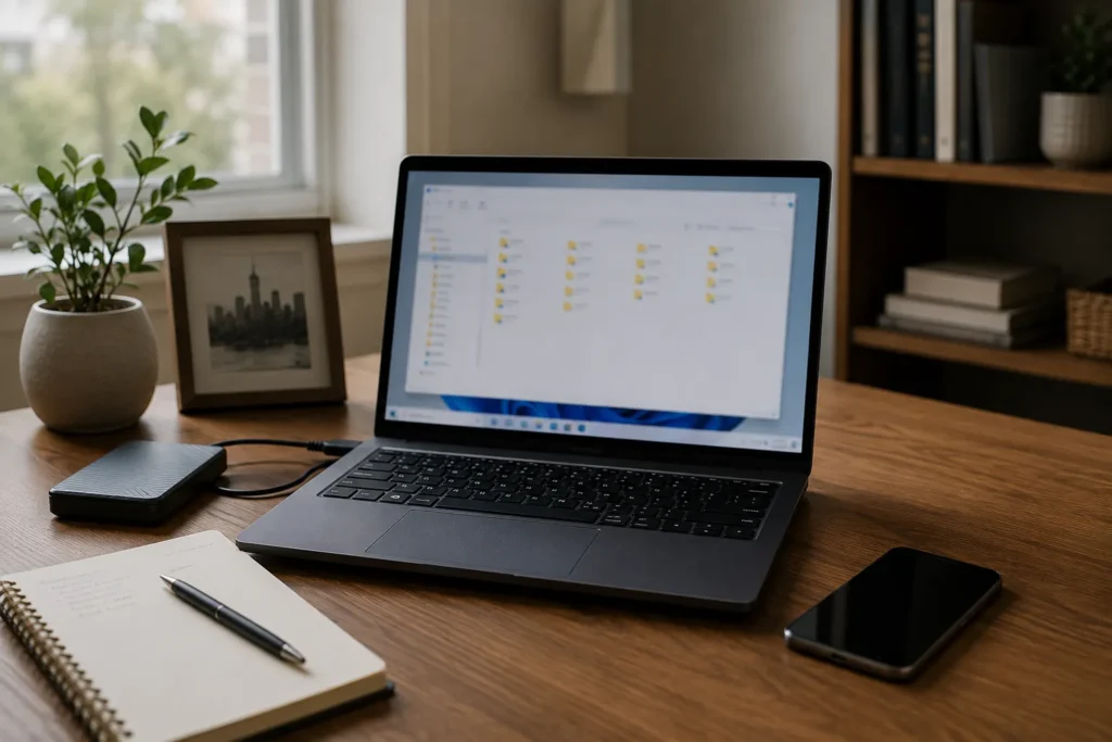 Laptop being used to review local and cloud-stored files before migration.