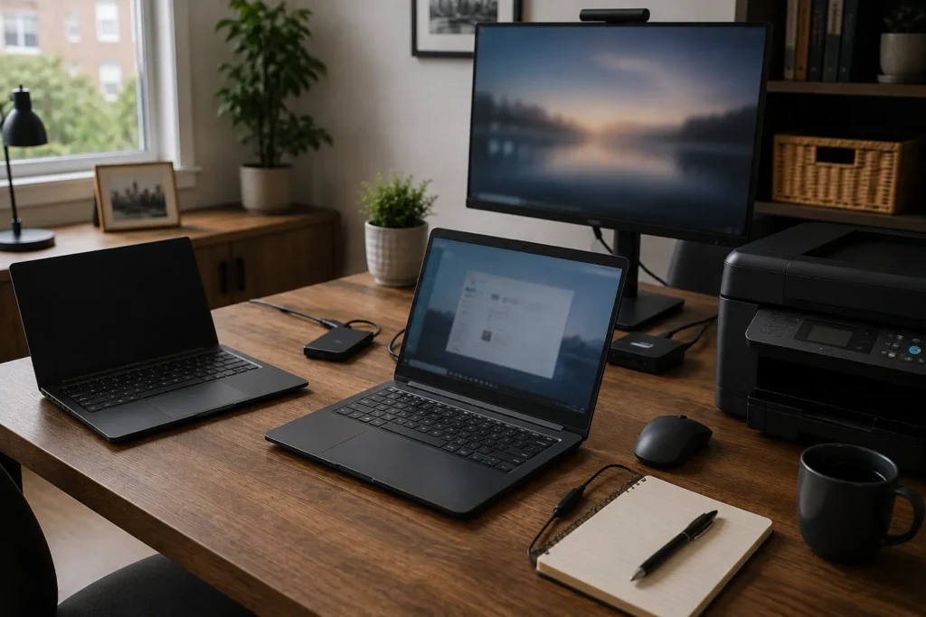 New computer being tested while the old computer remains available nearby.