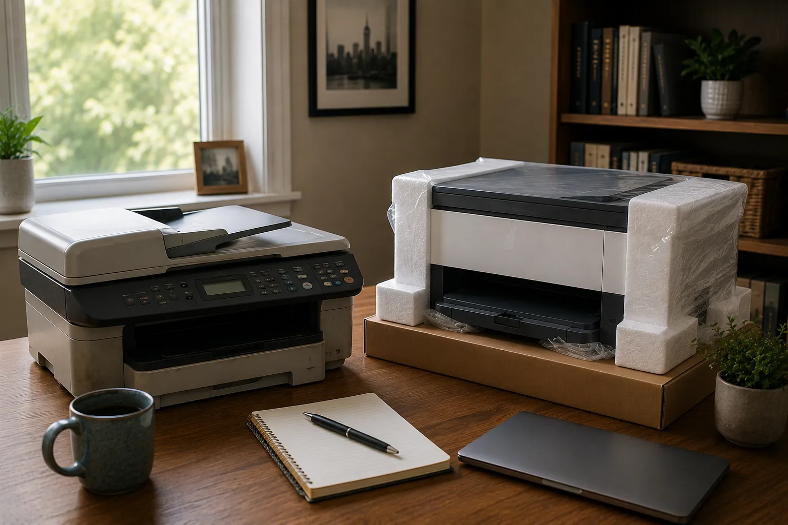Multifunction printer in a residential home office beside a laptop and printed documents.