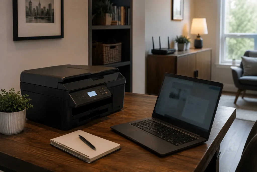 Wireless printer and laptop in a home office with the Wi-Fi router visible nearby.
