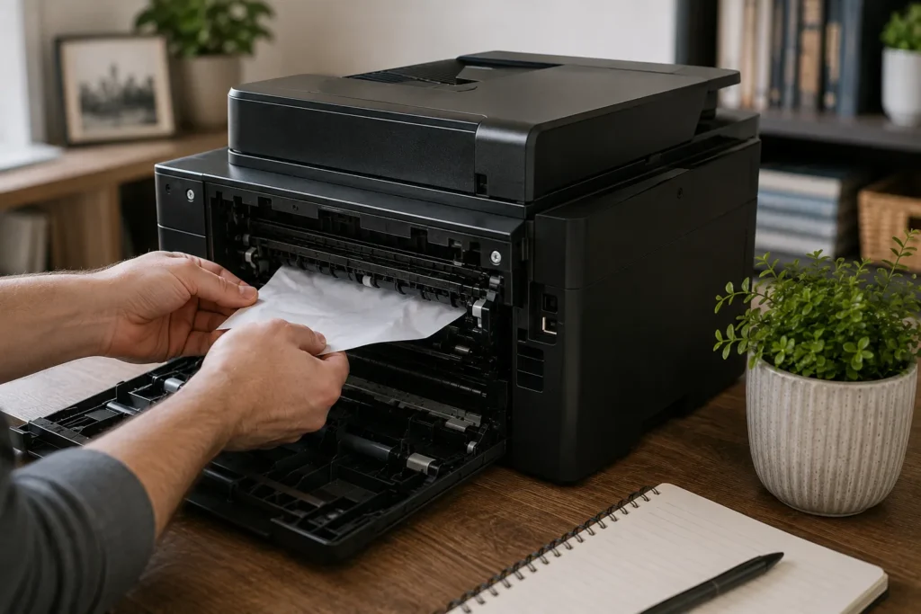 Paper being carefully removed from the access panel of a printer.
