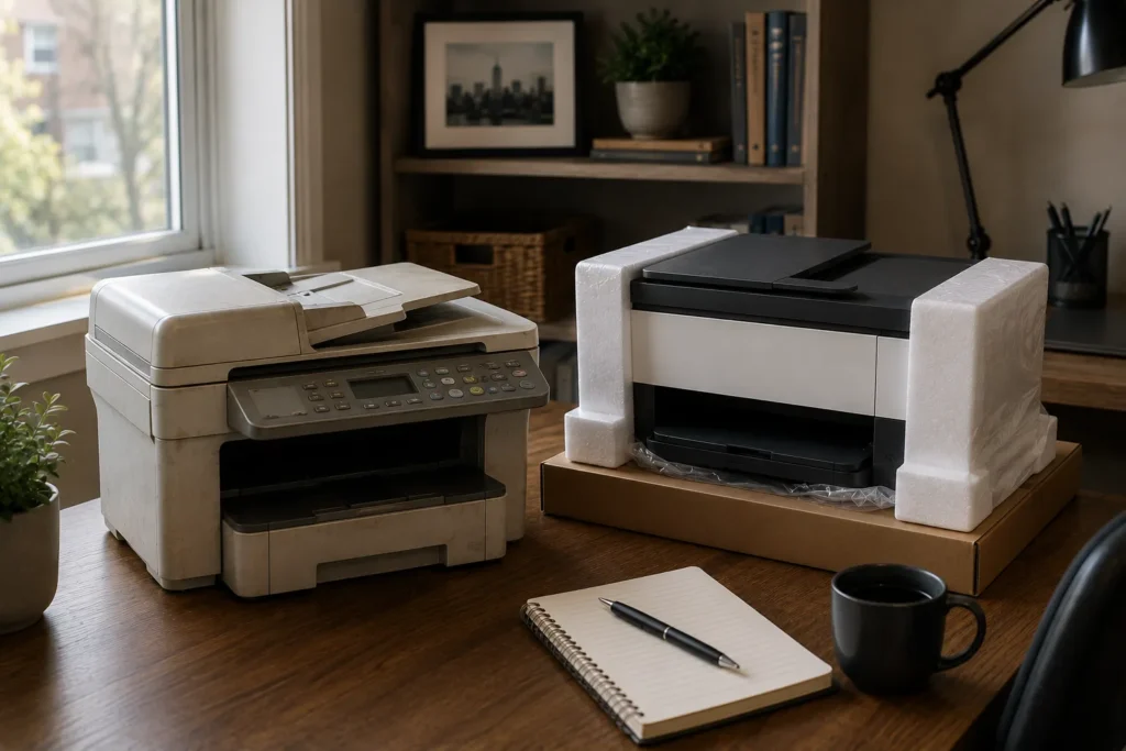 Older and newer printers positioned together in a home-office workspace.
