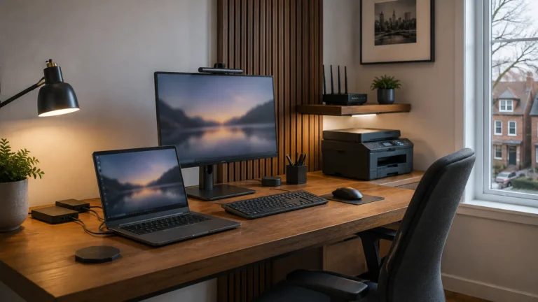 Reliable home-office setup with computer, monitor, printer, and networking equipment.