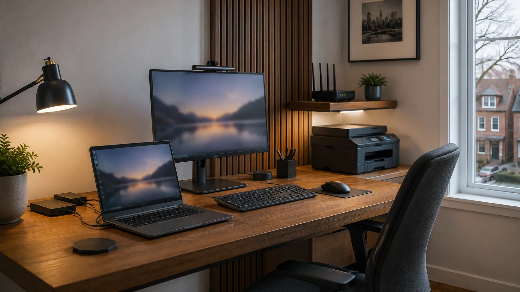 Reliable home-office setup with computer, monitor, printer, and networking equipment.
