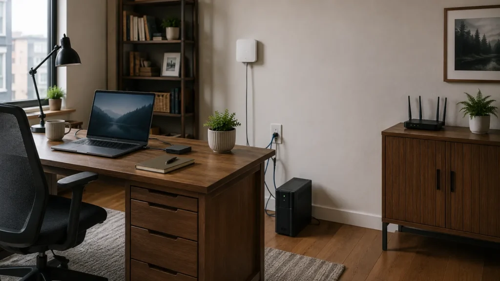 Home-office workstation with external backup storage and UPS battery backup.
