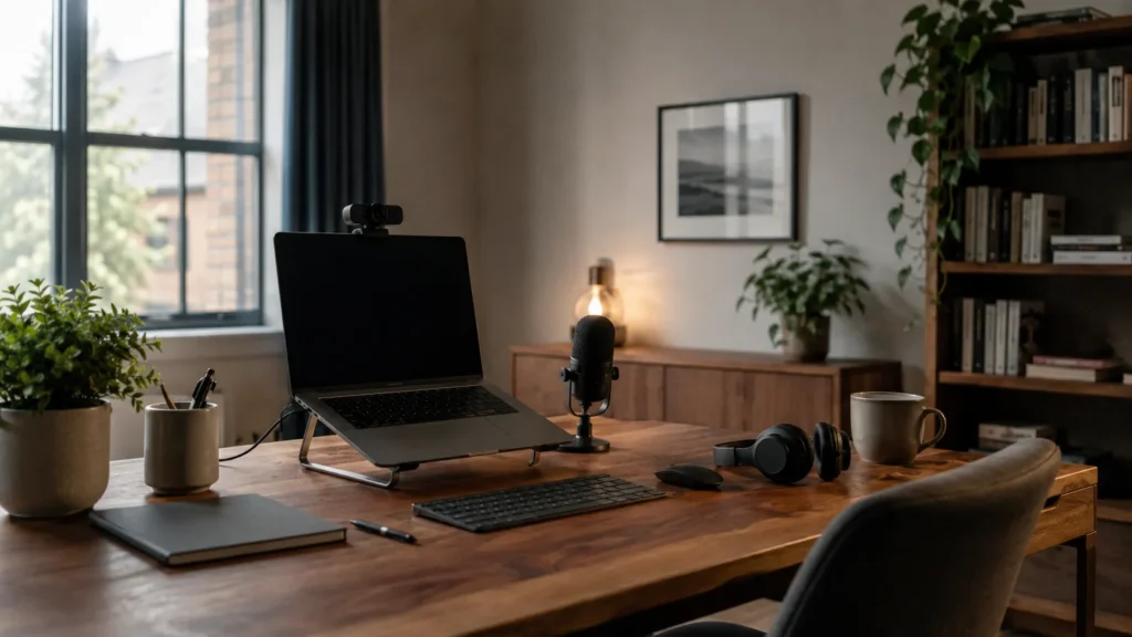 Home-office workstation arranged for reliable video conferencing.
